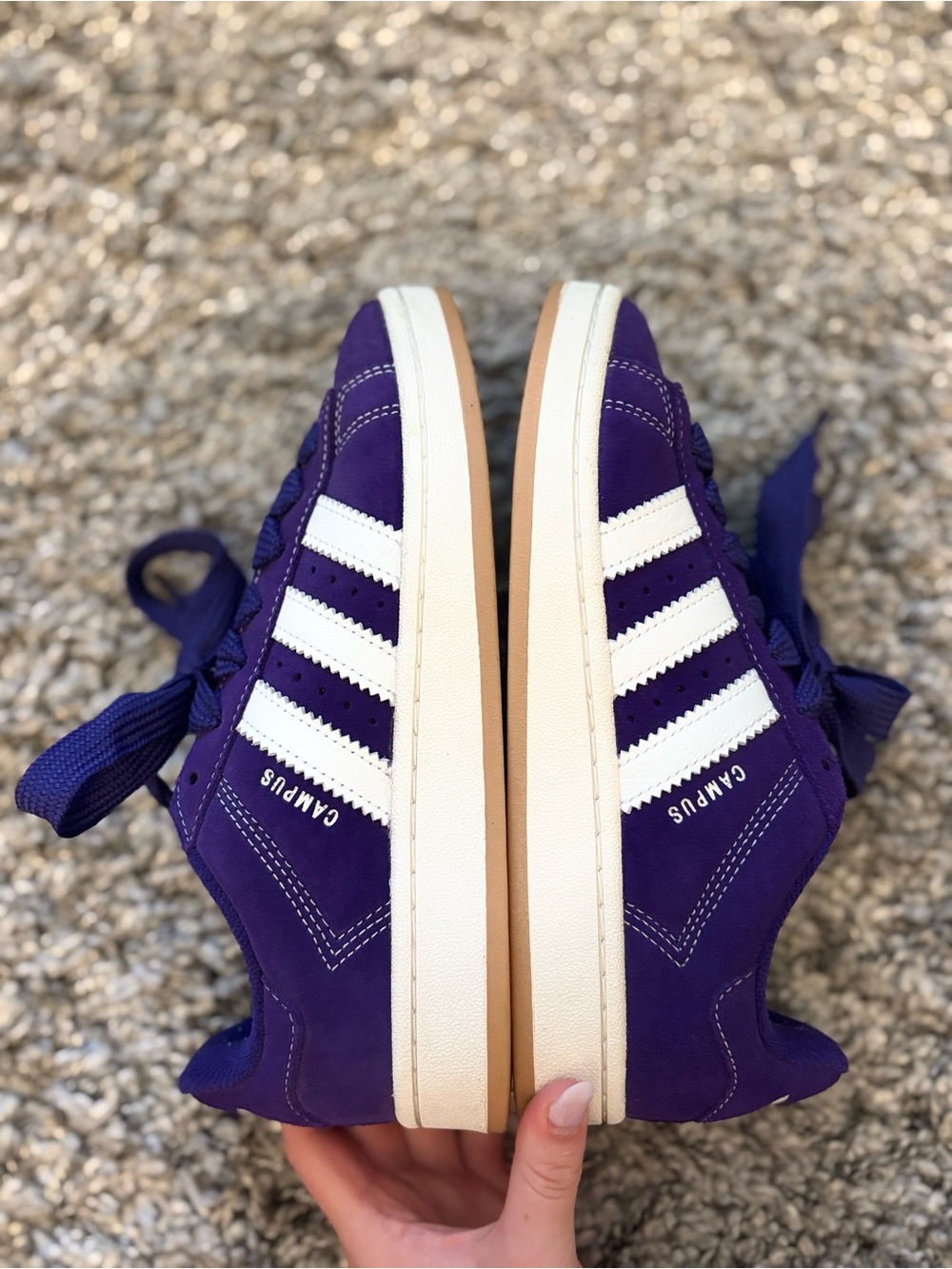 Worn ONCE Women’s Purple Adidas Campus Sneakers with White Stripes